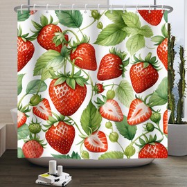 ASDCXZ Strawberry Shower Curtain 180 x 200 cm, Spring Summer Simplicity Red Strawberry Green Leaves White Bathroom Washable Shower Curtains Polyester Textile Waterproof Bath Curtain for Bath with 12