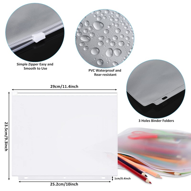 Zonon 30 Pcs A4 3 Rings Tansparent Zipper Binder Pouches