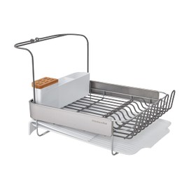 KitchenAid Full Size Compact to Full Capactiy Expandable Rust Resistant Dish Rack, with Self Draining Angled Drainboard and Removable Flatware Caddy, 24-Inch, White