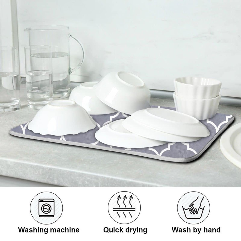 Moroccan Tile Gray Absorbent Dish Drying Mat Microfiber Dish Pat
