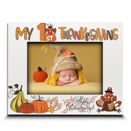 BELLA BUSTA-My First Thanksgiving PIcture Frame-Baby's 1st Happy Thanksgiving Keepsake-UV Print cute turkey and pumpkin (5x7 Horizontal)