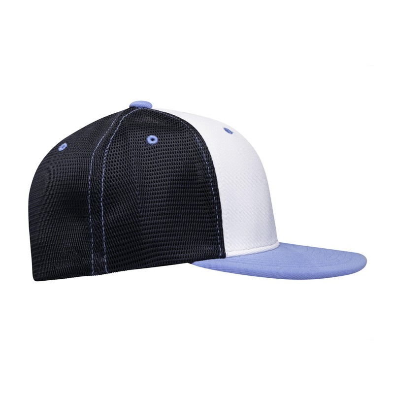 Pacific Headwear Standard Premium M2 Performance Trucker Flexfit Cap, White/Navy/Columbia