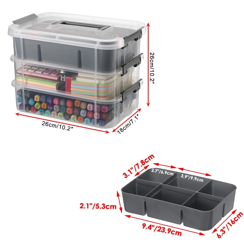 JUXYES 2 Pack 3-Tiers Stack Carry Storage Box With Divided