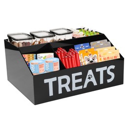 Faihats Dog Storage Organizer Acrylic, Black Dog Treat Station with Dividers, Large Dog Treat Container for Countertop, Cat Food Can Organizer, Pet Snack Storage Bin