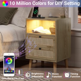 AOGLLATI Rattan Nightstand with Charging Station and LED Lights, LED Night Stand for Bedroom, Wood End Table with USB Ports, Boho Bedside Table with 2 Drawers, Natural