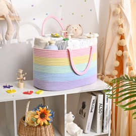 Baby Diaper Caddy Organizer, Cotton Rope Diaper Basket, Baby Basket for Changing Table, Nursery, Car, Changing Table Storage Bin With Removable Divider, Baby Shower Gifts for Newborn, Baby Essentials