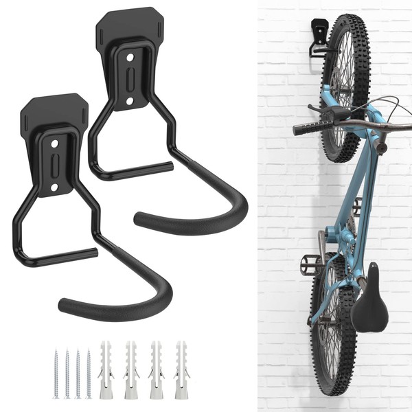 Housolution 2 Pack Bicycle Hooks Iron Bike Hanger Brackets Wall Mounted Bicycle Storage Rack Heavy Duty L Shape Vertical Bike Rack Convenient for Home Garage Black