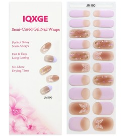 IQXGE 20Pcs Light Purple Semi Cured Gel Nail Strips French Tip Summer Butterfly Gel Nail Stickers UV/LED Light Needed Self Adhesive Nails Wraps with Design Glossy Nails Polish Strips for Women