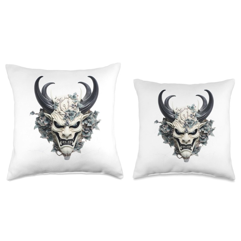 Scary Demon Yokai Oni Mask Japanese Anime Warrior Throw Pillow
