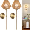 Battery Operated Wall Sconce Set of 2, Rattan Rechargeable Wall