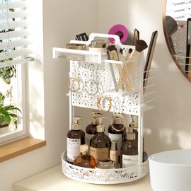 mascor Bathroom Counter Organizer with Hair Tool Organizer - 360°Roating Makeup Organizer Countertop for Vanity - Height Adjustable Skincare Organizers(White)