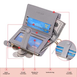 HKCLUF Small Womens Wallet,RFID Blocking Bifold Wallet For Women PU Leather Card Holder Zipper Coin Pocket with ID Window(grey