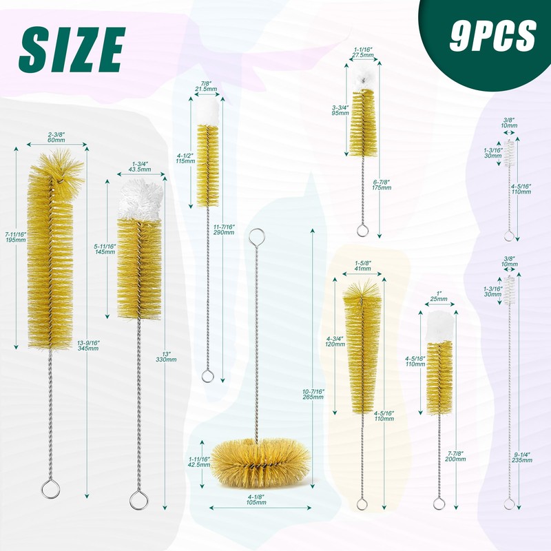 9-Pack Thin Long Handle Bottle Brushes with Boar Bristle &