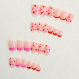 24Pcs Heart Press on Nails Short Square Nails French Tip Fake Nails with Glue Romantic Valentine's Day Acrylic Nails Love Hearts Stick on Nails Valentines False Nails for Women Girls Nail Decoration