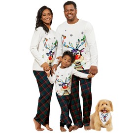 IFFEI Merry Christmas Pajamas Matching Family Women PJ's Colorful Christmas Elk Print with Plaid Bottom Men: L