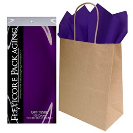 Flexicore Packaging Brown Kraft Paper Gift Bags & Purple Gift Wrap Tissue Paper Size: 8 Inch X 4.75 Inch X 10.5 Inch | Count: 50 Bags | Color: Purple