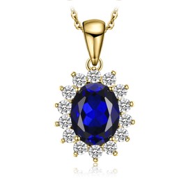 JewelryPalace Princess Diana Kate Middleton Class Gemstone Birthstone Sapphire Statement Pendant Necklace for Women, 14k Yellow Gold Plated 925 Sterling Silver Necklaces for Women, 18 Inch Box chain