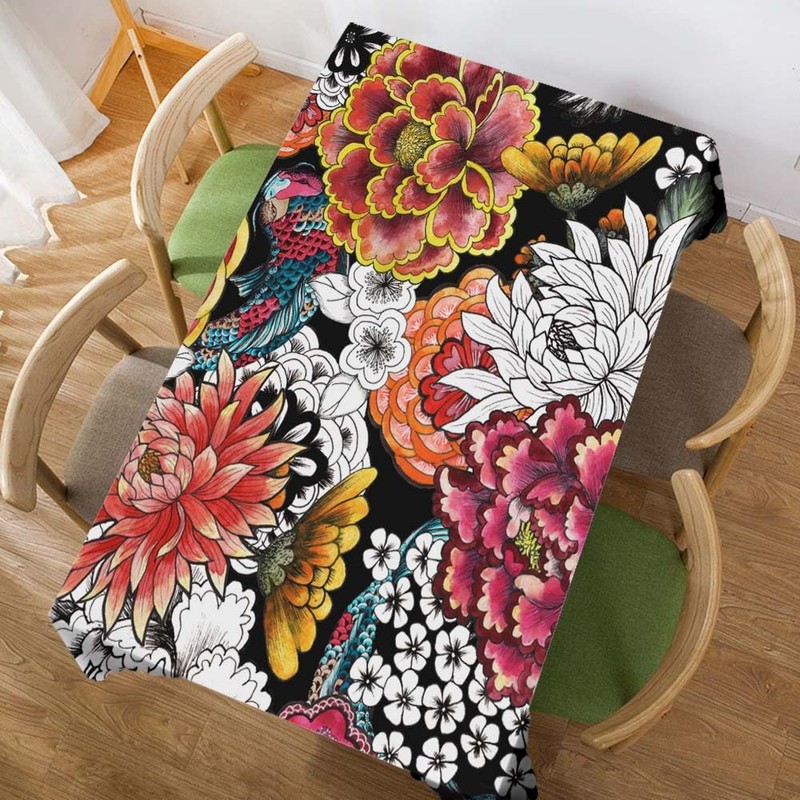 Walmsco Tablecloth Carp Peony Flowers Decor For Dining Room Kitchen