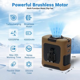 Portable Fans Strong Airflow Personal Waist Fan with Max 40H Runtime Hands Free Neck Fans Wearable Belt Fan for Outdoor Jobsite Camping and Traveling 5 Speeds USB-C Rechargeable 10000mAh (Brown)