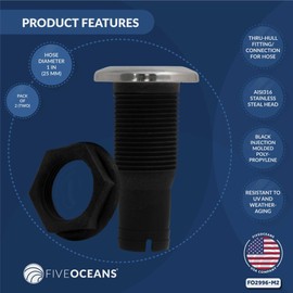 Five Oceans Thru Hull Fittings for Boats - 1 Inch Hose, Black Thru Hull Fitting with Stainless Steel Head, UV Resistant Nylon Through Hull Fitting for Scupper, Bilge, Sink Drain - 2-Pack - FO2996-M2