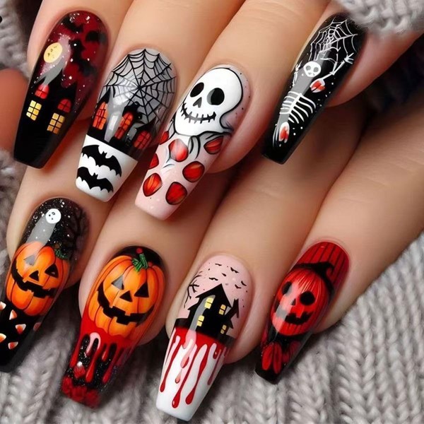 Halloween Press on Nails Long Fake Nails Coffin False Nails