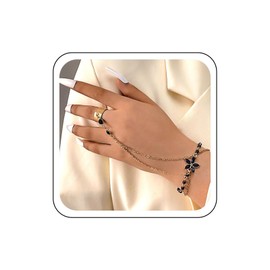 Wendalern Goth Crystal Chain Snake Hand Bracelet Emerald Flower Finger Ring Bracelet Gold Ring Chain Serpent Bracelet Slave Wrist Bracelet Hand Harness Hallowen Costume Jewelry for Women and Girls