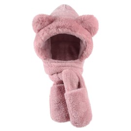 Kids Hat Scarf Gloves Set Boys Girls Cute Bear 3 in 1 Winter Warm Plush Snood Gloves Mittens Earflap Hat Long Scarf Faux Fur Hooded Neck Warmer Windproof Earmuffs Head Trapper for 3-8 Years Old