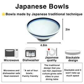 SAZANKA Japanese Rice Bowls Ceramic Soup Bowls Set of 4, 6.1 Ounce Small Cereal Bowls Rice Bowls White and Blue Bowls, Microwave Safe Bowls,Salad and Pasta,Dessert Bowls w/Gift Box