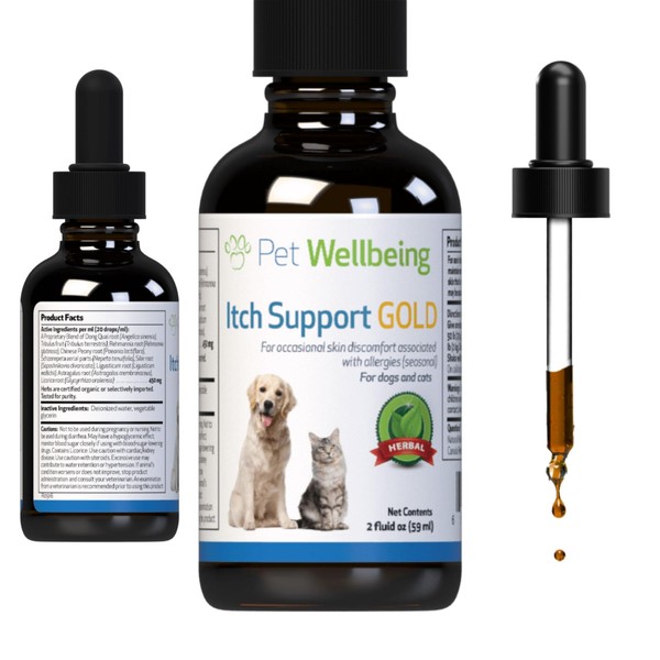 Pet Wellbeing Itch Support Gold for Cats - Vet-Formulated - Itchy Skin & Paws, Hot Spots, Skin Allergies - Natural Herbal Supplement 2 oz (59 ml)