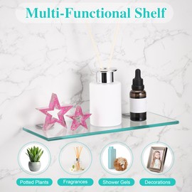 JIZZU 1PC Glass Bathroom Shelf Wall Mounted 30CM, Rectangular Glass Shelf 6MM Thick Tempered Glass Shelf, Floating Glass Shelves Transparent with Chrome Plated Brushed Brackets for Bathroom, Bedroom