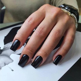 KQueenest Black Press On Nails Almond Square Coffin Nails for Sticking Short, Shiny Jelly Gel Fake Nails Fingernails for Sticking Ballerina, Plain Acrylic False Nails for Women, Pack of 24