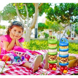 SELEWARE Recipientes portátiles apilables de almacenamiento de alimentos para aperitivos, fórmula en polvo y bebidas, sistema de bloqueo giratorio, hermético, a prueba de fugas, última intervensión de BPA y ftalatos, azul y verde