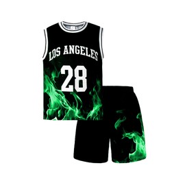 PureChapter Boys Short Sets Basketball Jersey Sleeveless Basketball Youth Kids Boys Girls Flame Tank Top Summer Outfits 7-15years
