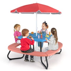 KOTEK 8-Person Kids Picnic Table, Toddler Activity Table with Removable Umbrella, 4 Built-in Benches, HDPE Top & Metal Frame, Kids Outdoor Table for Patio Garden Backyard (Blue+Red)