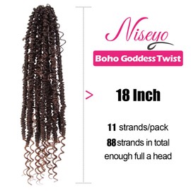 NISEYO Goddess Passion Twist Crochet Hair with Curly Ends 18 Inch, 8 Packs Boho Style Crochet Passion Twist Hair Pre looped, Long Pre-twisted Boho Braids (T30,Ombre Medium Dark Brown)