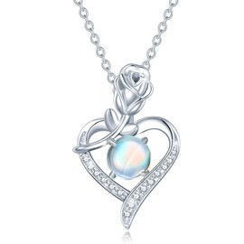 AGVANA Women's Moonstone, June, Birthstone, Rose, Motif, Heart Necklace, 925 Silver, Amulet, Jewelry, Accessory, Birthday, Anniversary, Gift, Wrapping Supplies Included, Silver