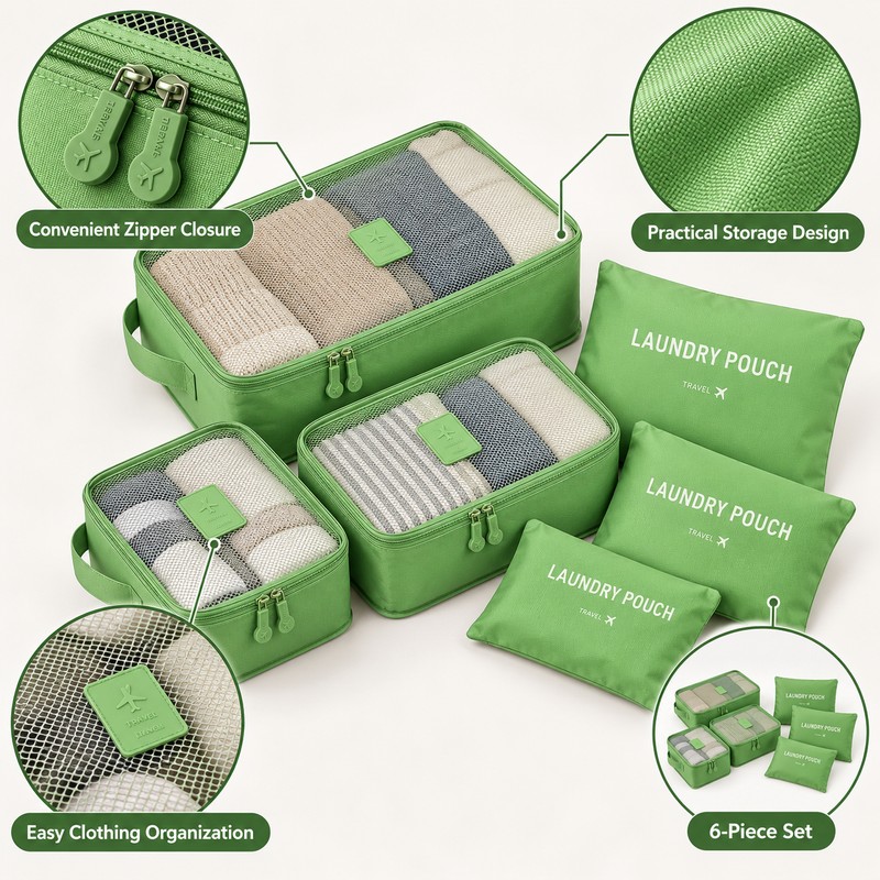 6-Piece Travel Packing Cubes for Luggage Organization – Waterproof Zippered