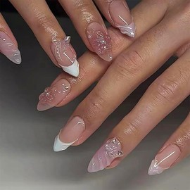Flower Press on Nails Medium Almond Fake Nails 3D Butterfly False Nails Press ons with Designs French Tip Glossy Full Cover Acrylic Glue on Nails Artificial Stick on Nails for Women Manicure 24Pcs
