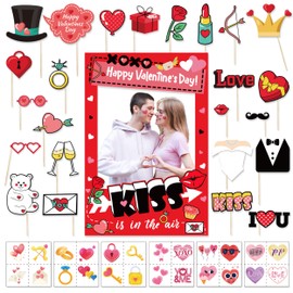 32 Pcs Valentine’s Day Photo Booth Props, Selfie Photo Props Frame Props with Tattoo Stickers, Romantic Photo Booth Posing Props Party Frame Props for Weddings Valentines Party Supplies