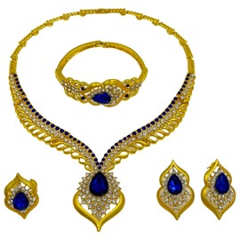 LifflyLadys Costume Jewelry for Women Wedding Bridal Bridesmaid Rhinestone Austrian Blue Crystal Teardrop Statement Necklace Gold Bracelet Dangle Earrings Ring Set Party Gifts for Women