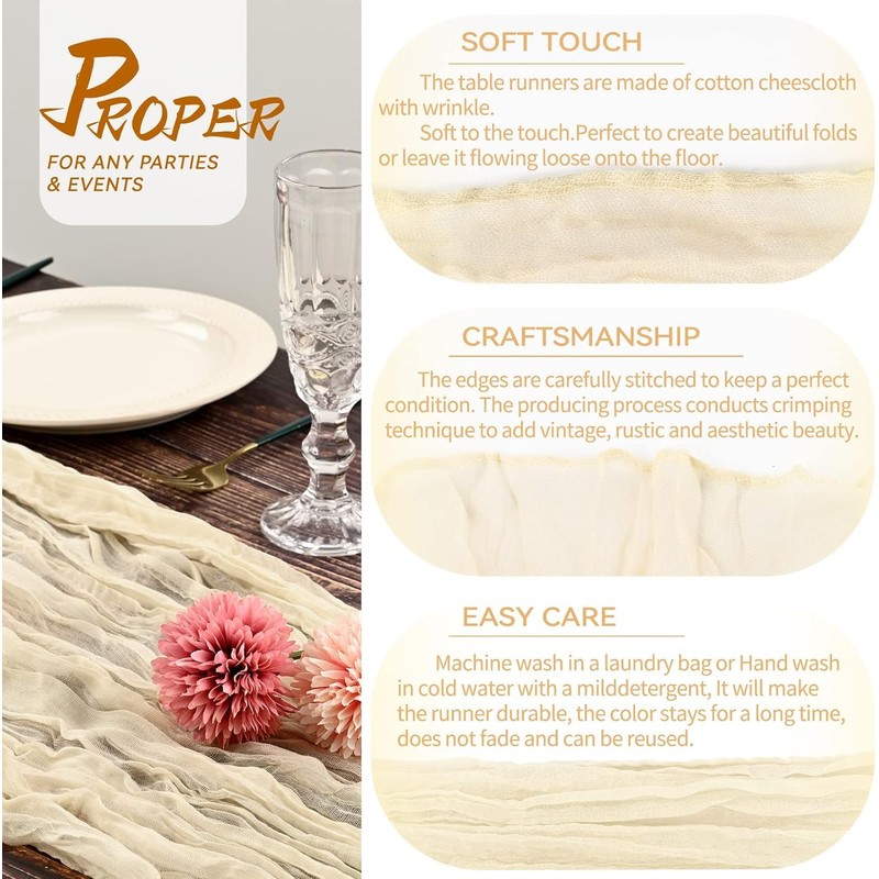 2 Pcs Cheesecloth Table Runner 90x400CM Gauze Boho Rustic Dusty