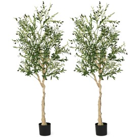 Goplus 6ft Artificial Olive Tree, Tall Fake Potted Olive Silk Tree with Planter, Large Faux Olive Branches and Fruits, Olive Plant Artificial for Home Office Living Room Floor Decor Indoor, 2 Pack