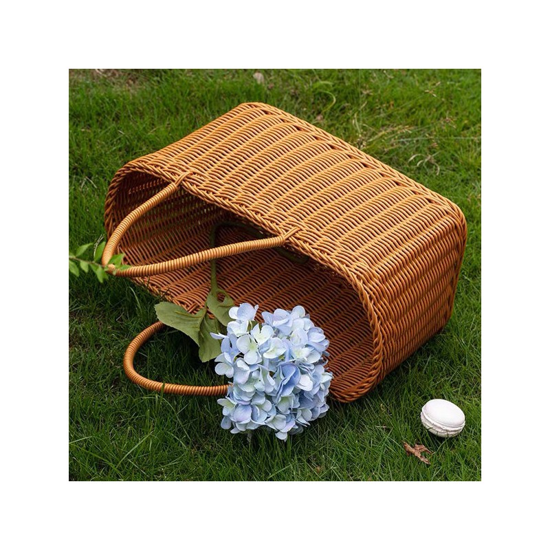 PP rattan picnic basket handle picnic bag brown, small /