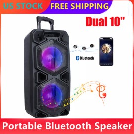 Universal Dual 10" Subwoofer Portable Bluetooth Speaker Party Trolley Woofer FM Karaok Mic