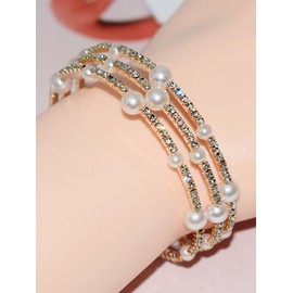 Stocking Stuffers Holiday Outfits for Women 2024 3 Layered Pearl Bracelets for Women Sparkling Rhinestone Bracelet Crystal Pearl Open Bangle Bracelet Wedding Jewelry Gift (Gold)