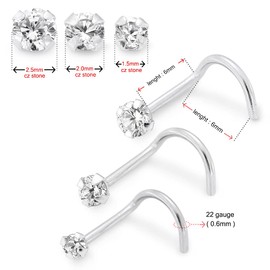 PiercingPoint White Gold Nose Stud with 1.5mm Round Cubic Zirconia Stone, 9ct - 22 Gauge Nose Screw Style Nose Ring - Cute Corkscrew Nose Rings