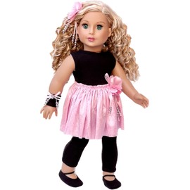 Showtime - 5 Piece Outfit - Black Unitard, Pink Tutu Skirt, Ballet Slippers, Corsage, Hairpiece - Clothes Fits 18 Inch Dolls (Doll Not Included)