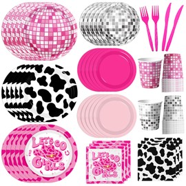 Cowgirl Birthday Party Decorations, 144Pcs Disco Cowgirl Party Decorations Tableware Includes Pink Cowgirl Plates and Napkins Disco Cups for Western Cowgirl Disco Bachelorette Party Decorations