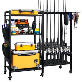 TC-HOMENY 16-Rod Fishing Rod Holder for Garage, Fishing Pole Rack Cart Fit All Fishing Rods, 3 Tier Fishing Tackle Storage Organizer Rack with Storage Bag, For Living Room