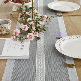 Wracra Embroidered Table Runner Linen Table Runners 48 inches Long for Holiday Party, Wedding and Dining Decorations(Grey, 13"×48")